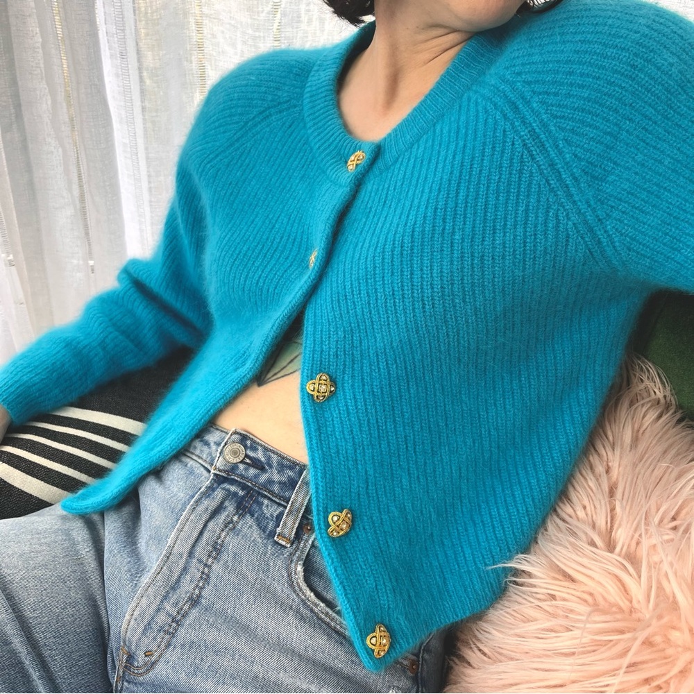 VTG 80s HENRI BENDEL Angora Rabbit Hair Bright Blue Cardigan Sweater S